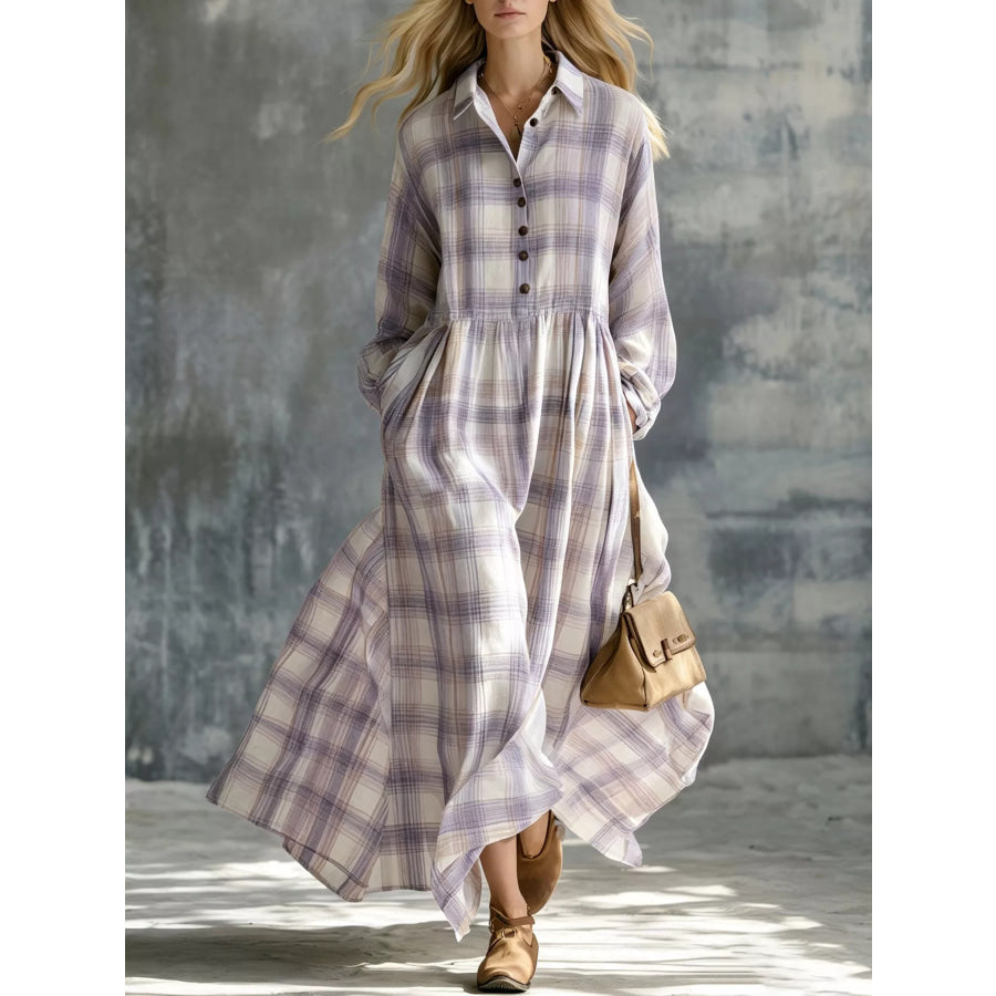 Plaid Button-Down Maxi Shirt Dress Purple / S Apparel and Accessories