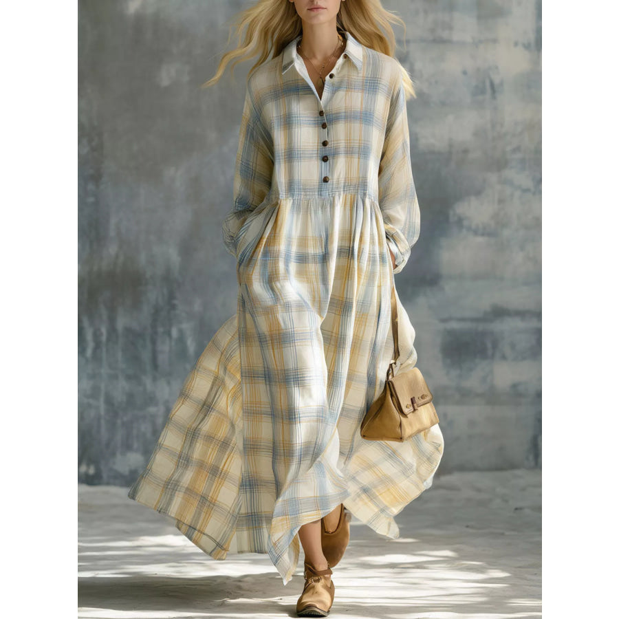 Plaid Button-Down Maxi Shirt Dress Yellow / S Apparel and Accessories