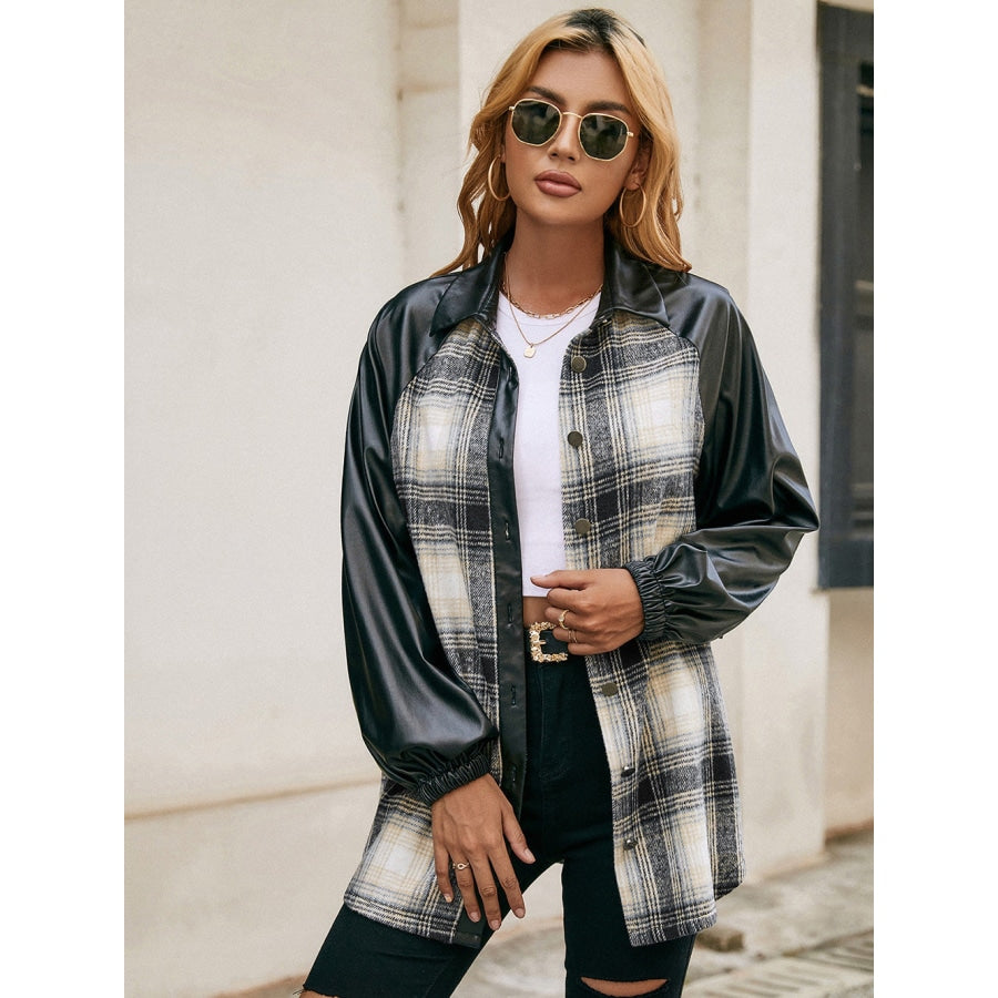 Plaid Button Down Raglan Sleeve Jacket Black / S