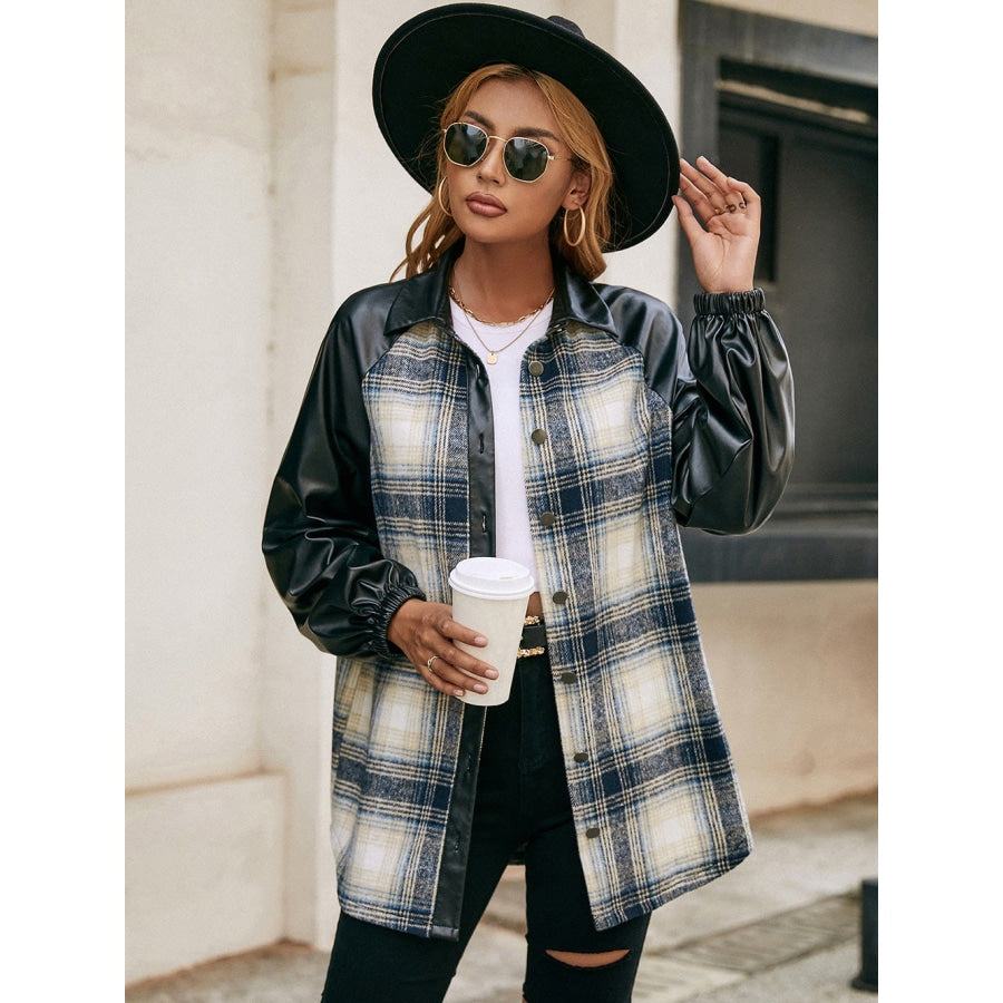 Plaid Button Down Raglan Sleeve Jacket