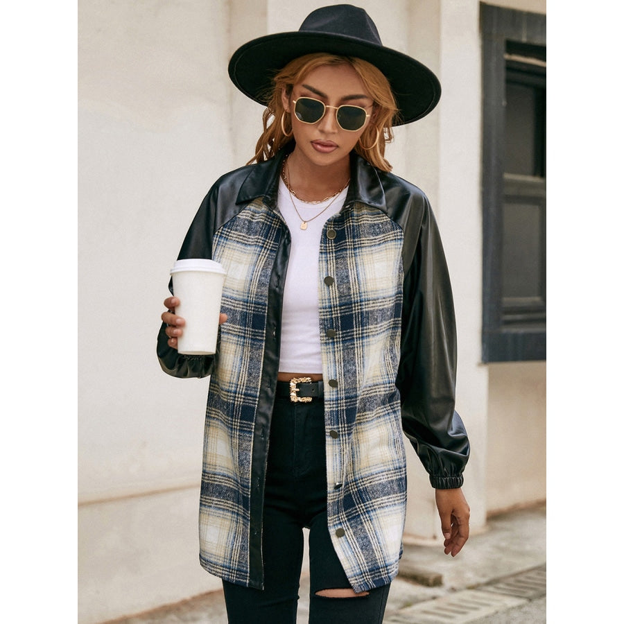 Plaid Button Down Raglan Sleeve Jacket