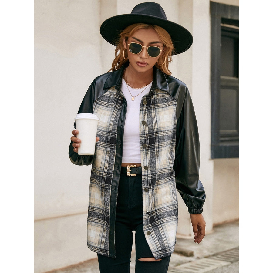 Plaid Button Down Raglan Sleeve Jacket