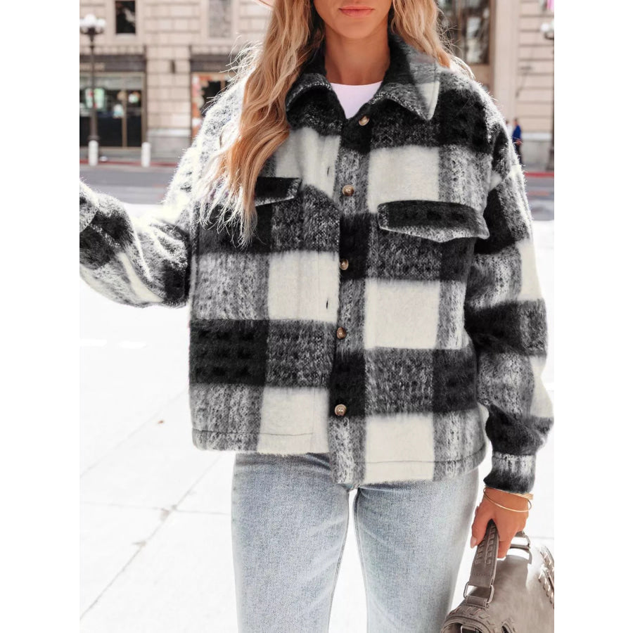 Plaid Button-Down Shacket Black / S Apparel and Accessories