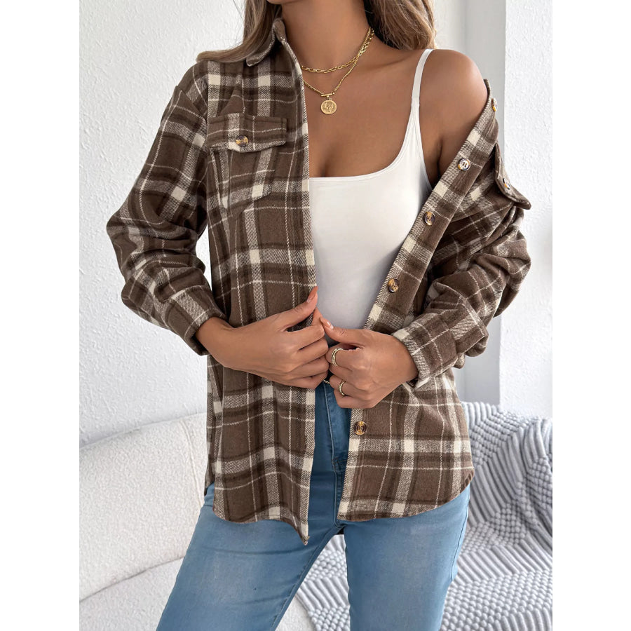 Plaid Button-Down Shacket Brown / S Apparel and Accessories