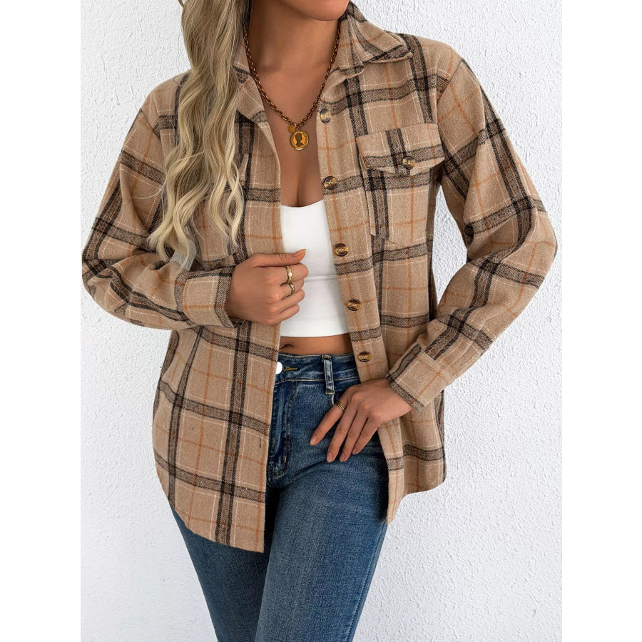 Plaid Button-Down Shacket Camel / S Apparel and Accessories