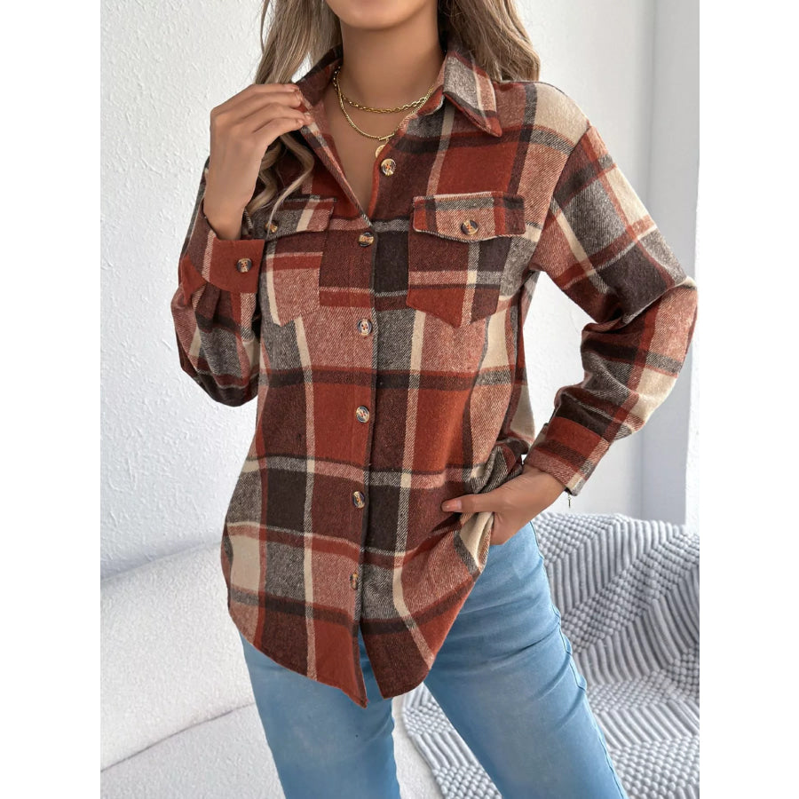 Plaid Button-Down Shacket Orange / S Apparel and Accessories