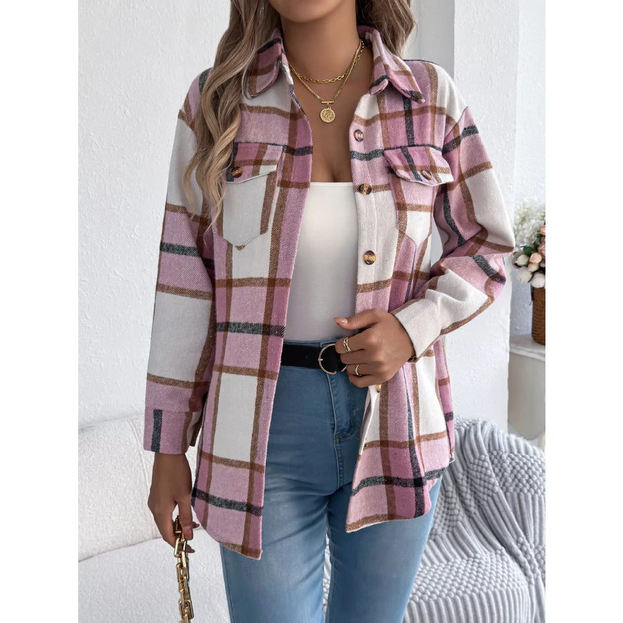 Plaid Button-Down Shacket Pink / S Apparel and Accessories