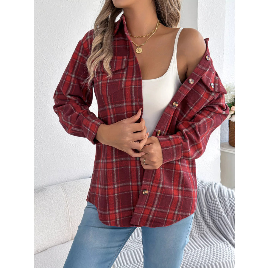 Plaid Button-Down Shacket Red / S Apparel and Accessories