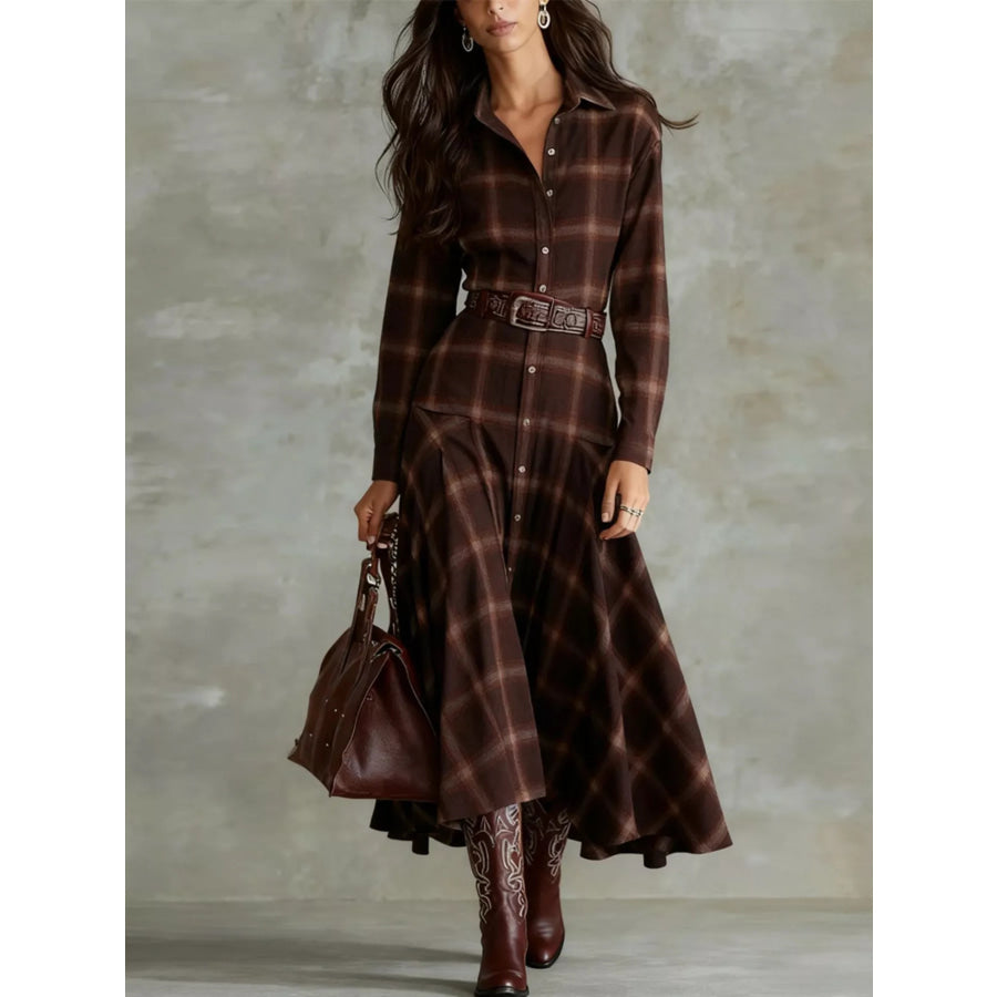 Plaid Button-Down Shirt Dress Dark Brown / S Apparel and Accessories