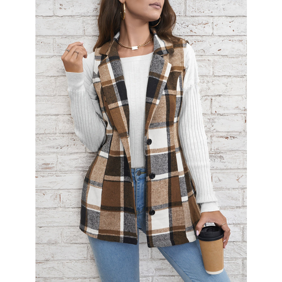 Plaid Button Down Vest Coat Camel / S Apparel and Accessories