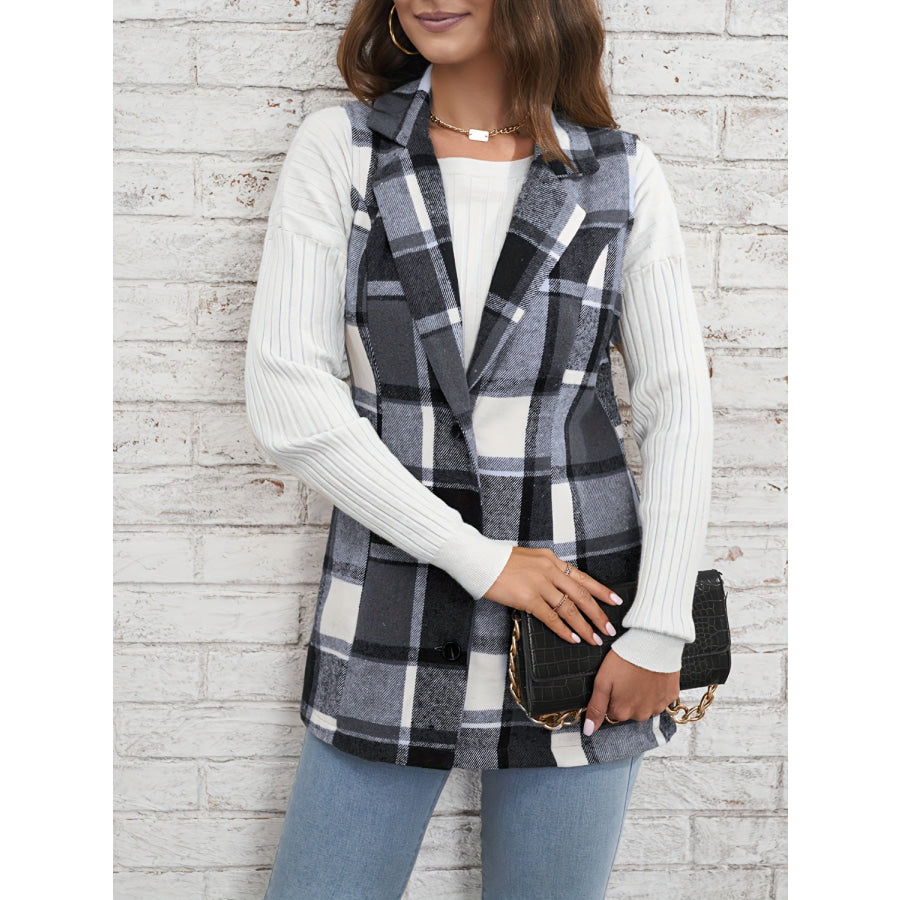 Plaid Button Down Vest Coat Gray / S Apparel and Accessories