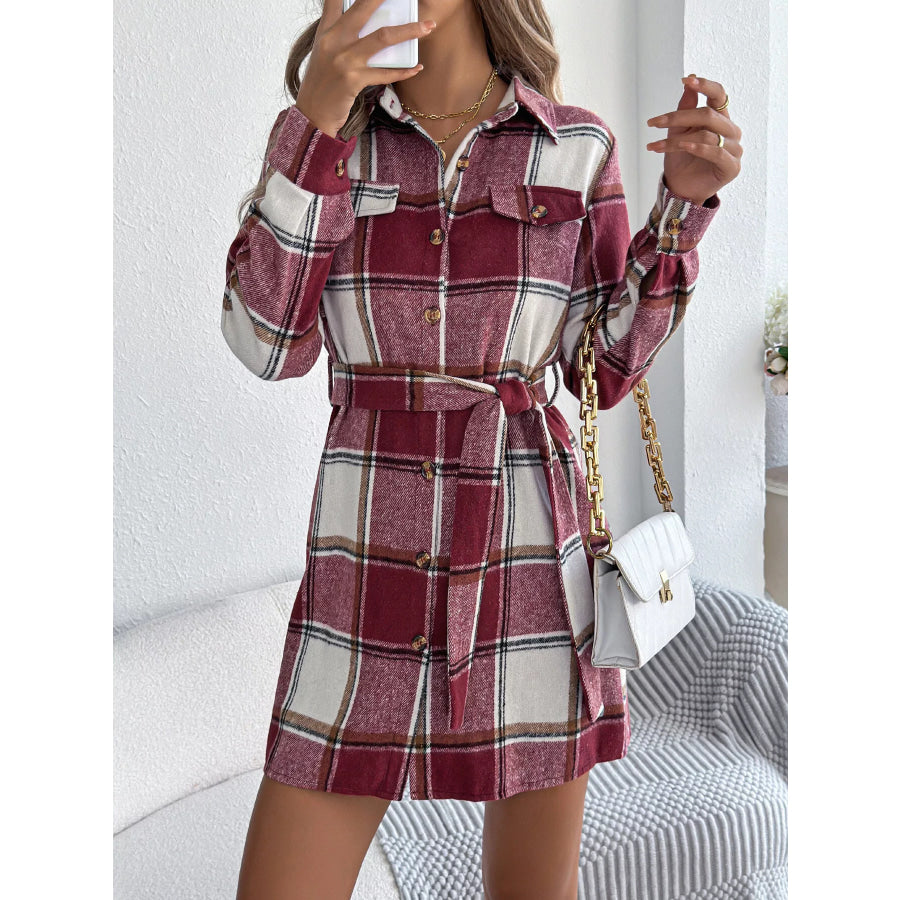 Plaid Button-Front Belted Shirt Dress Apparel and Accessories
