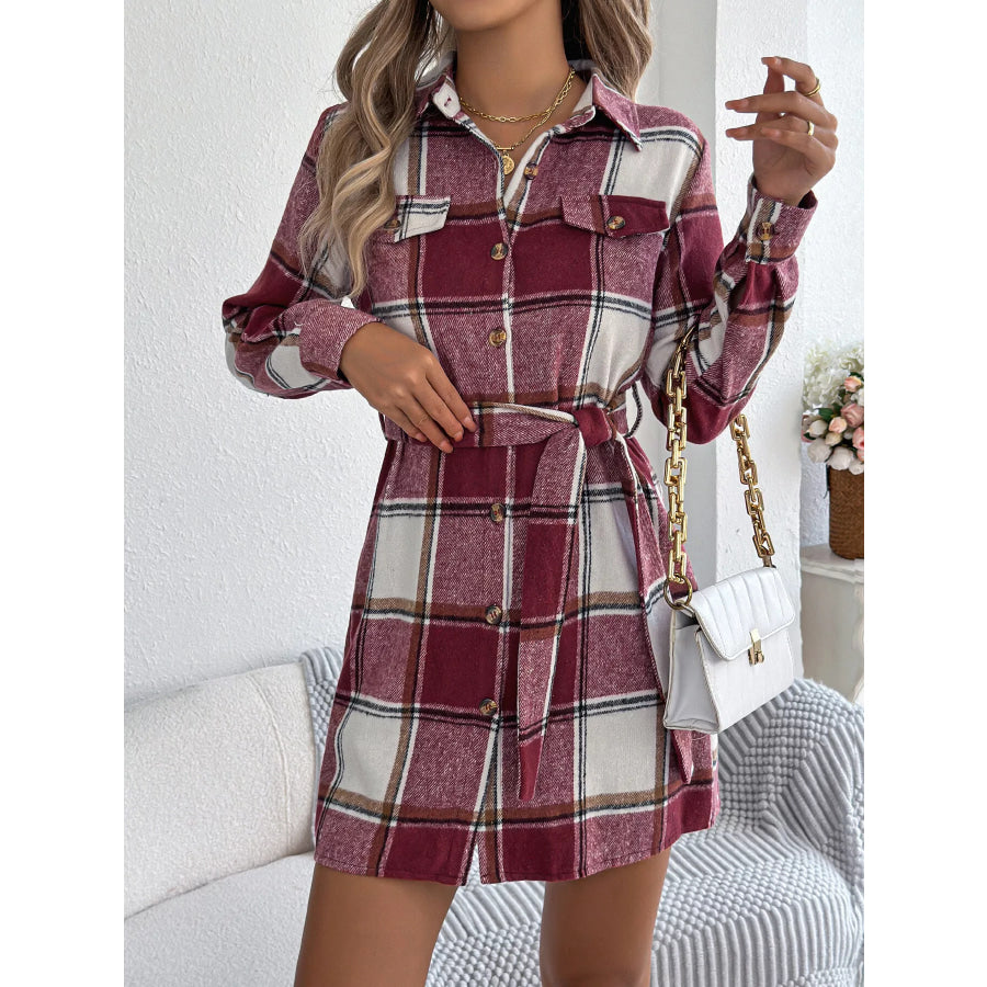 Plaid Button-Front Belted Shirt Dress Apparel and Accessories