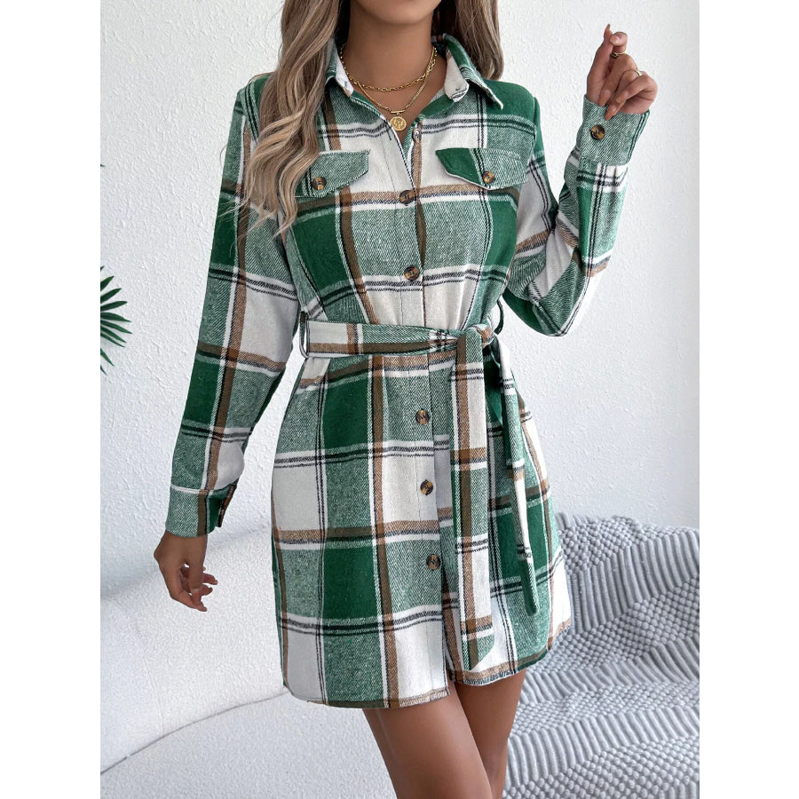 Plaid Button-Front Belted Shirt Dress Apparel and Accessories