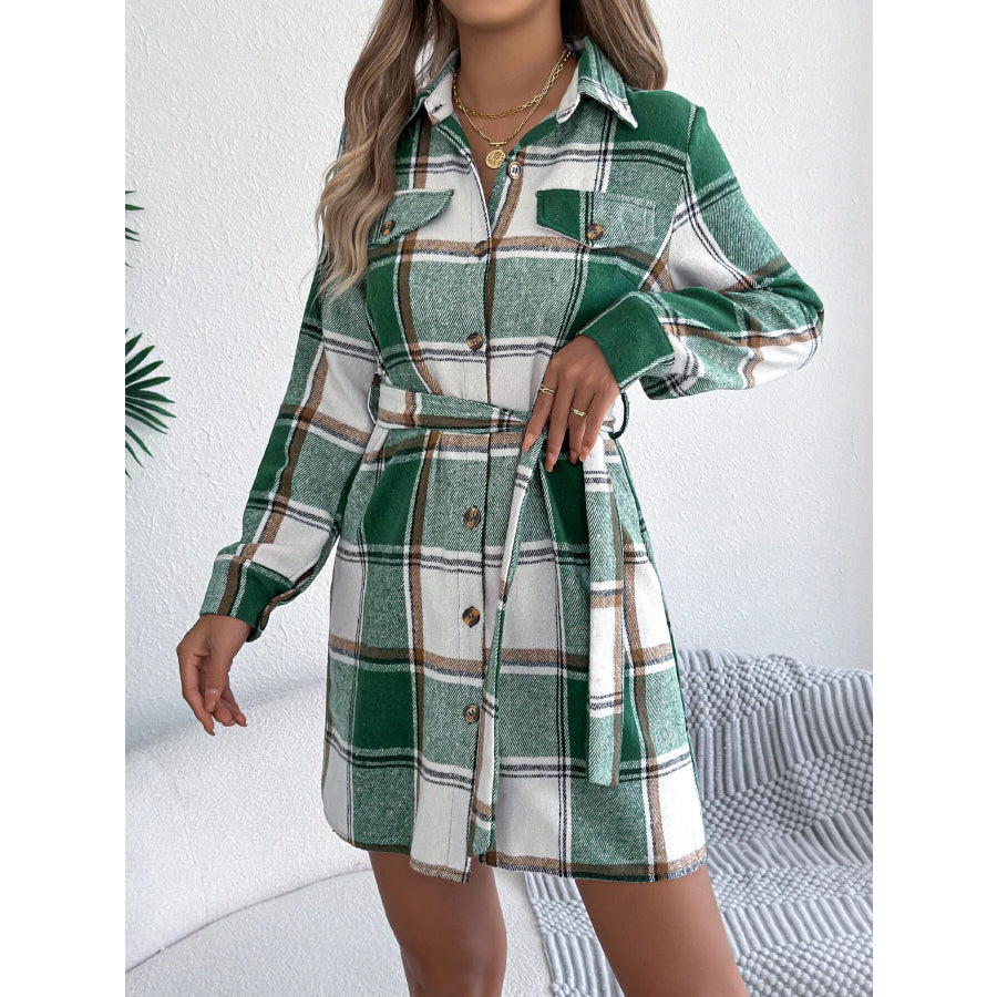 Plaid Button-Front Belted Shirt Dress Apparel and Accessories