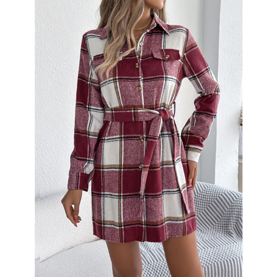 Plaid Button-Front Belted Shirt Dress Apparel and Accessories