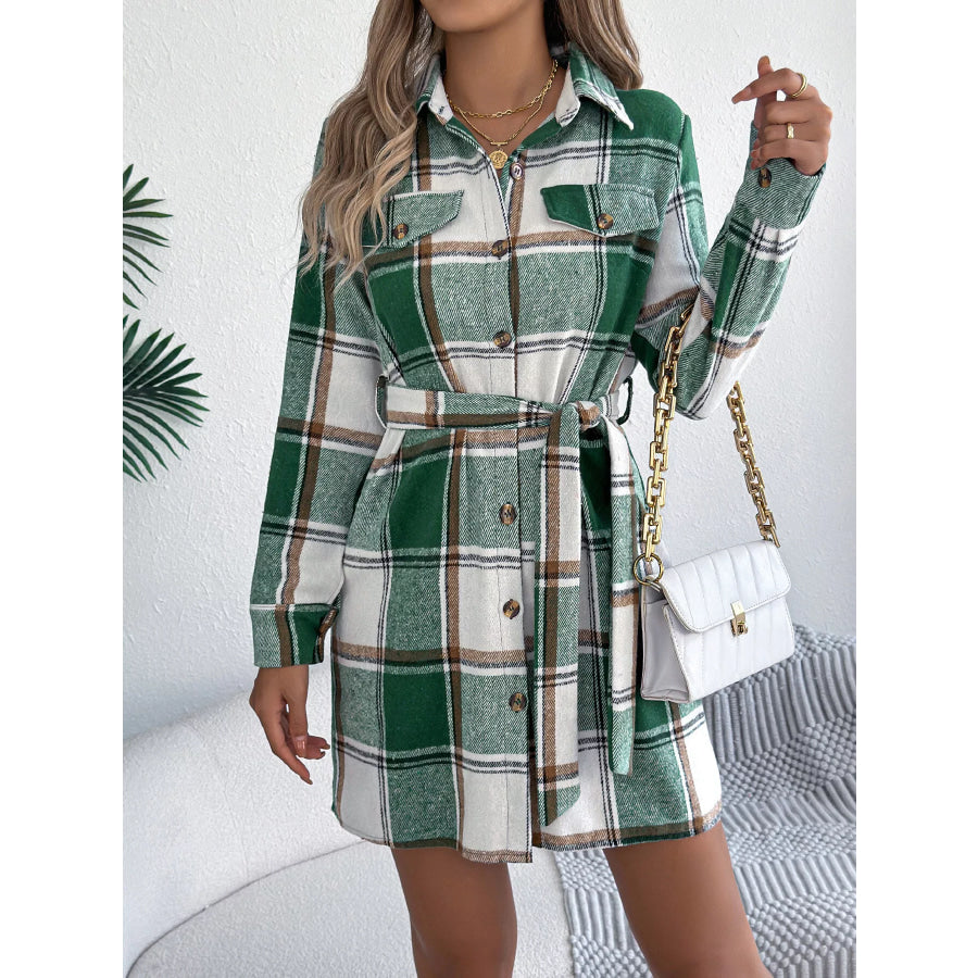 Plaid Button-Front Belted Shirt Dress Green / S Apparel and Accessories