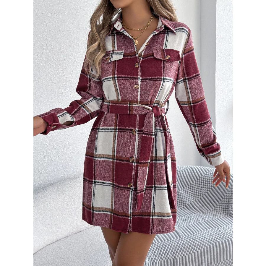 Plaid Button-Front Belted Shirt Dress Red / S Apparel and Accessories