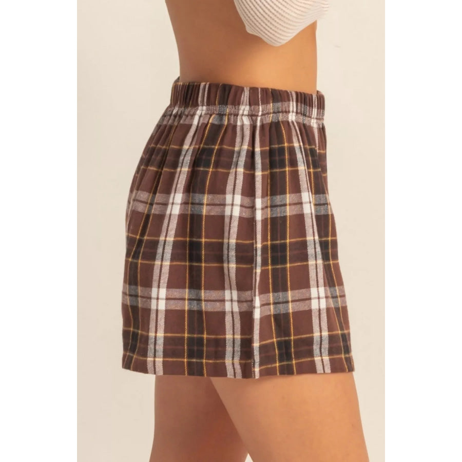 Plaid Button Front Elastic Waist Shorts Apparel and Accessories