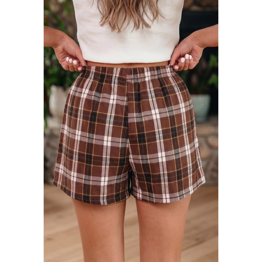 Plaid Button Front Elastic Waist Shorts Apparel and Accessories
