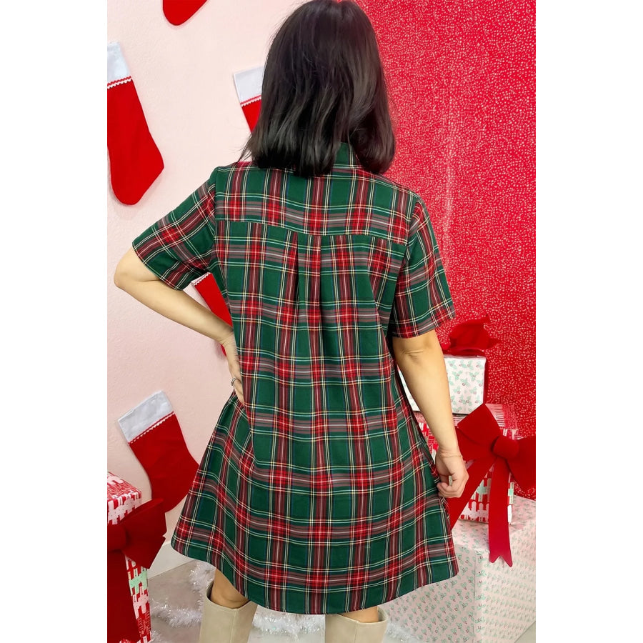 Plaid Button Front Short Sleeve Shift Dress Apparel and Accessories