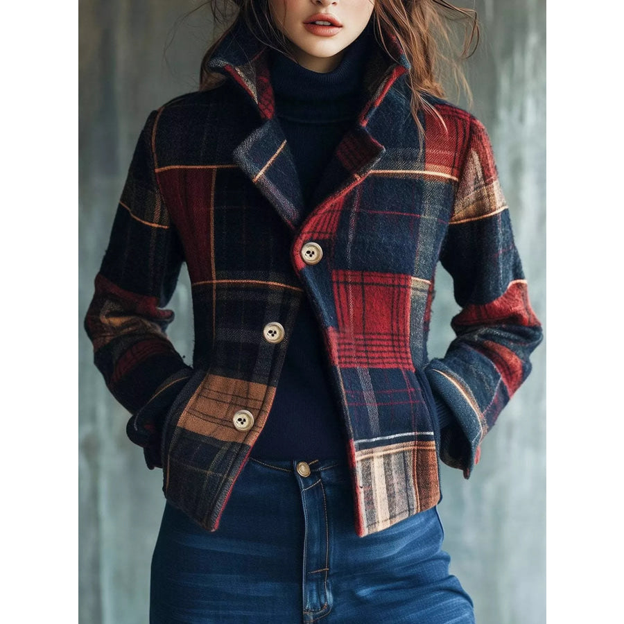 Plaid Button Up Blazer Plaid / S Apparel and Accessories