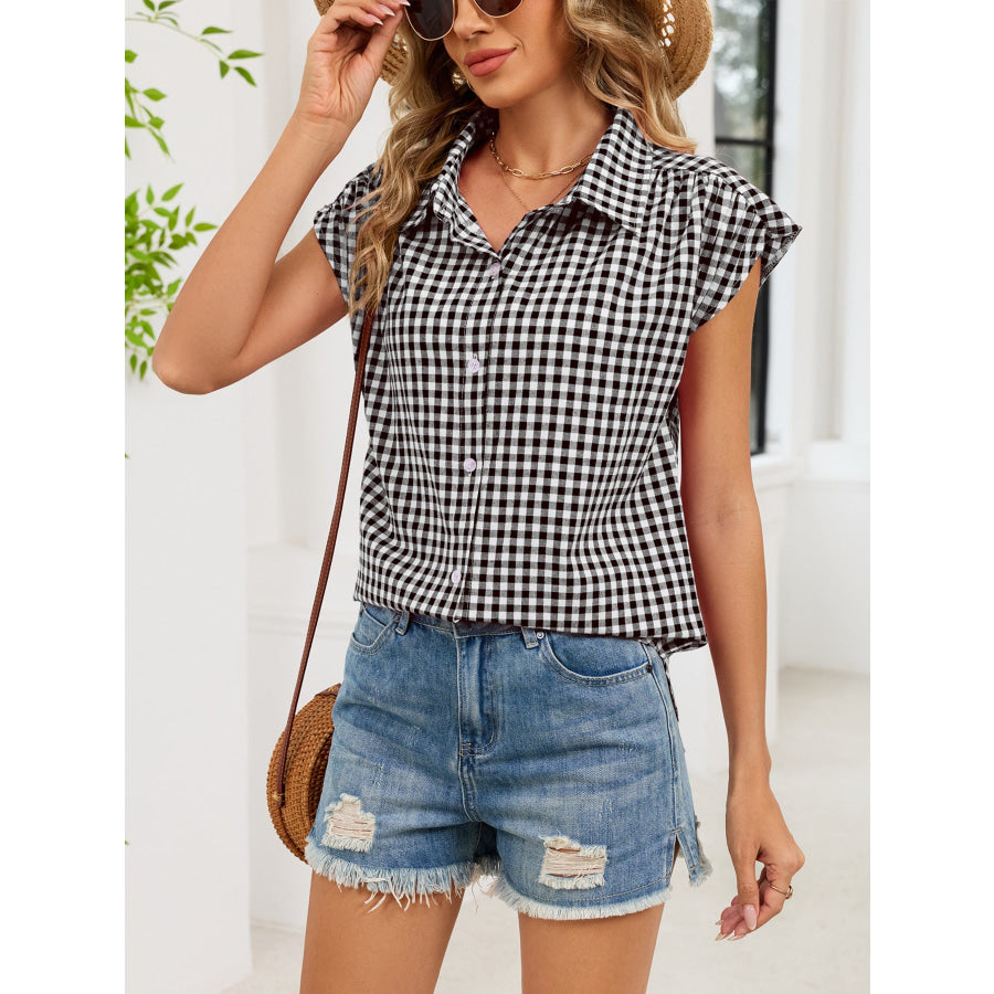 Plaid Button Up Cap Sleeve Shirt Apparel and Accessories
