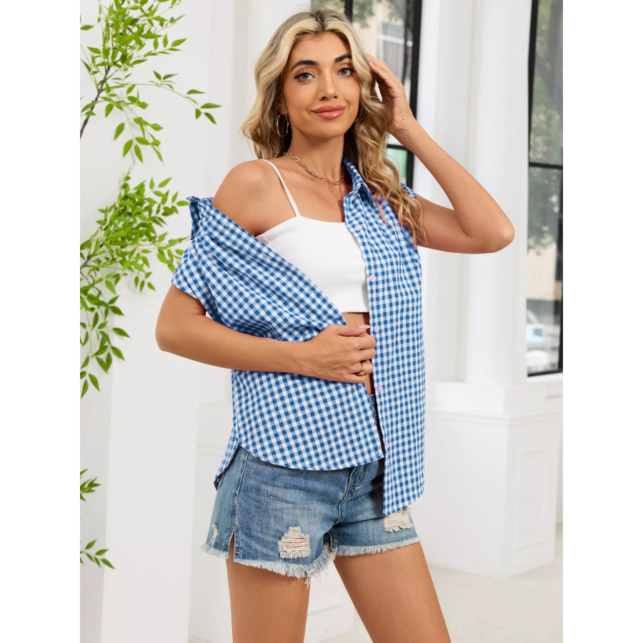 Plaid Button Up Cap Sleeve Shirt Apparel and Accessories