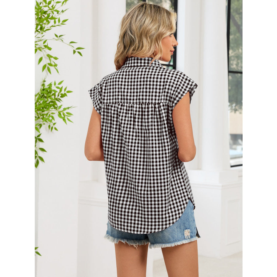 Plaid Button Up Cap Sleeve Shirt Apparel and Accessories
