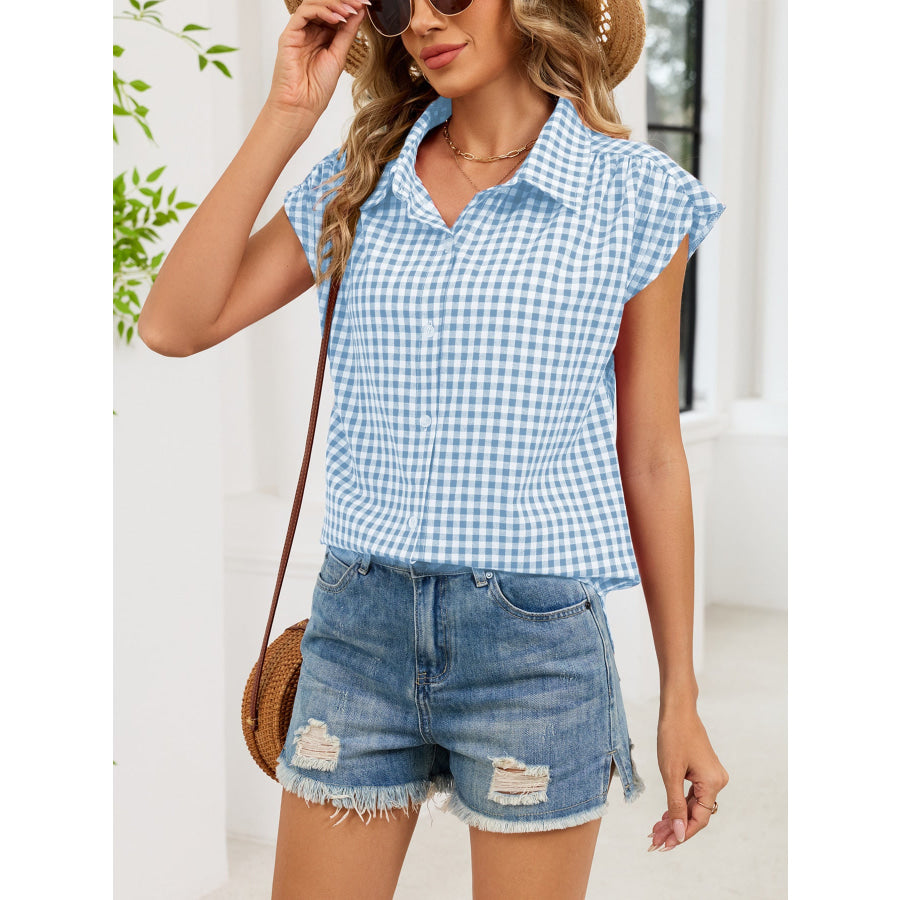 Plaid Button Up Cap Sleeve Shirt Apparel and Accessories