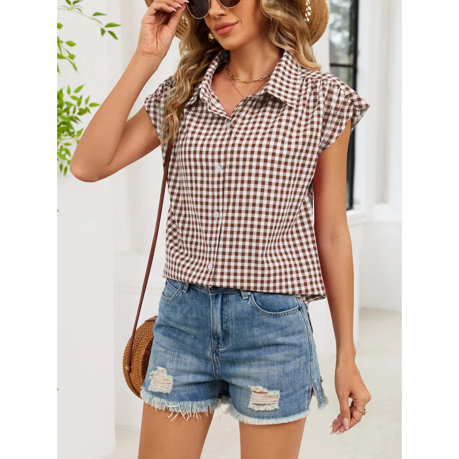 Plaid Button Up Cap Sleeve Shirt Apparel and Accessories