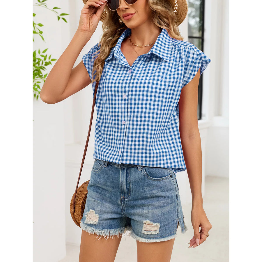 Plaid Button Up Cap Sleeve Shirt Apparel and Accessories