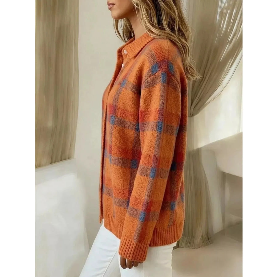 Plaid Button-Up Cardigan Orange / S Apparel and Accessories