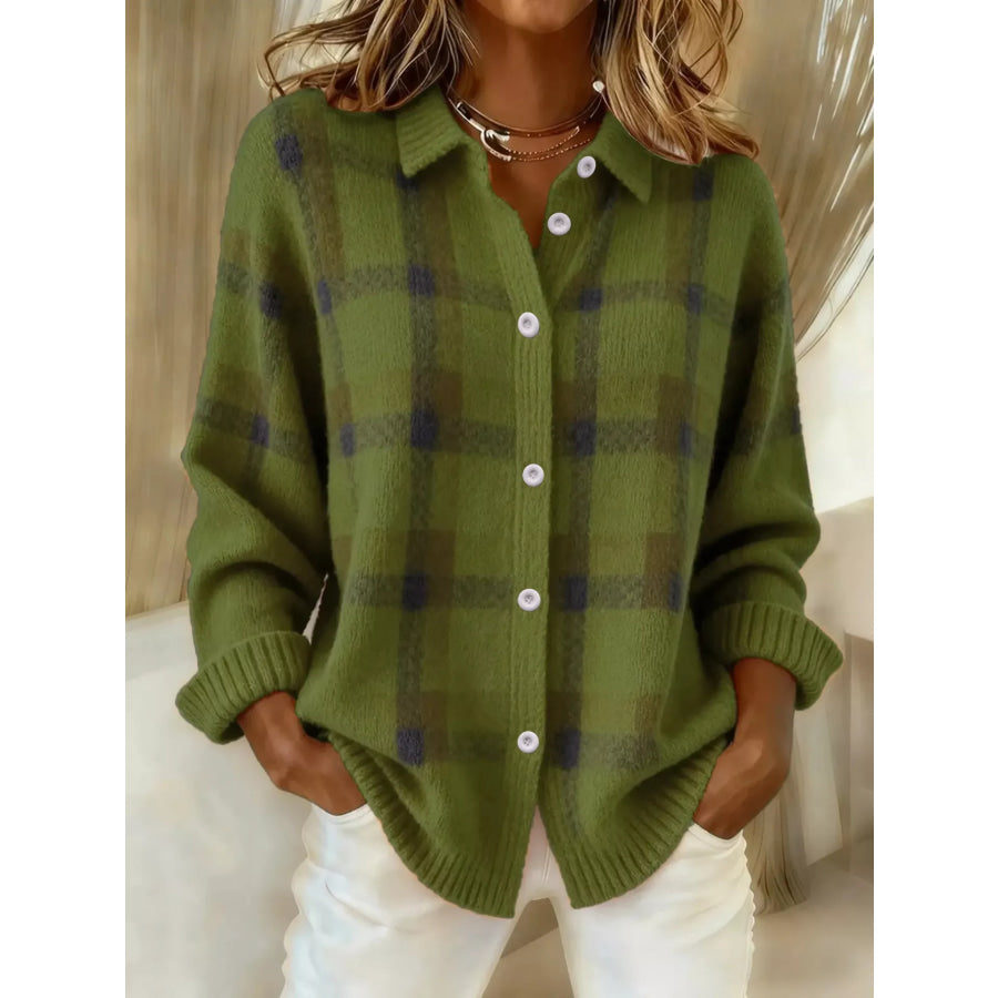 Plaid Button-Up Cardigan Army Green / S Apparel and Accessories