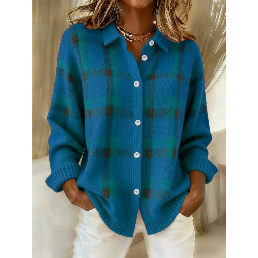 Plaid Button-Up Cardigan Blue / S Apparel and Accessories