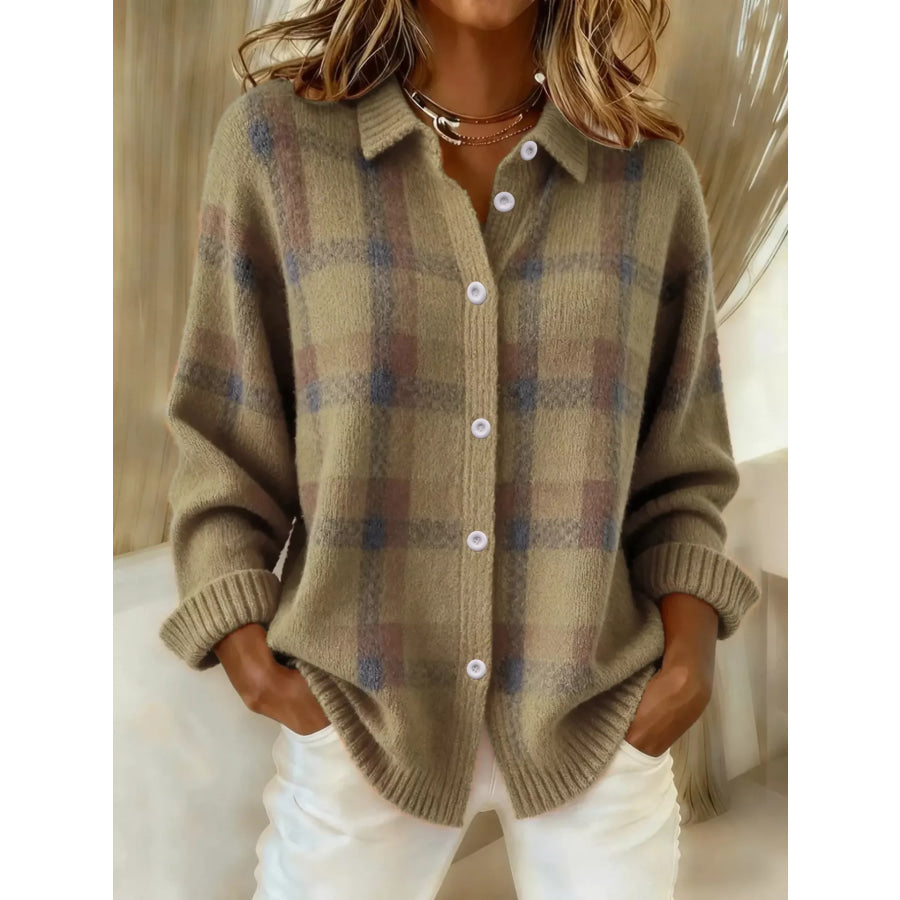 Plaid Button-Up Cardigan Khaki / S Apparel and Accessories