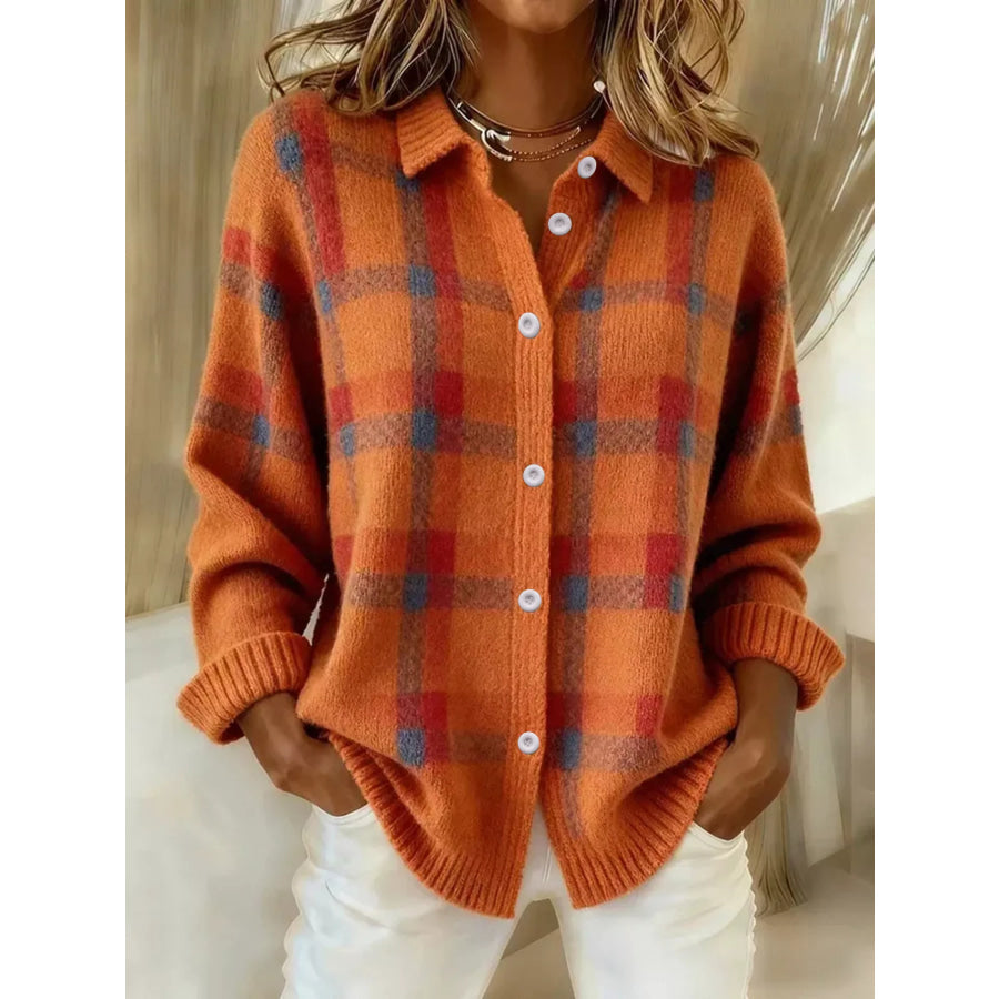 Plaid Button-Up Cardigan Orange / S Apparel and Accessories