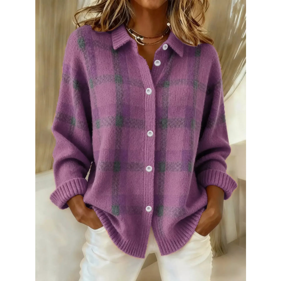 Plaid Button-Up Cardigan Purple / S Apparel and Accessories