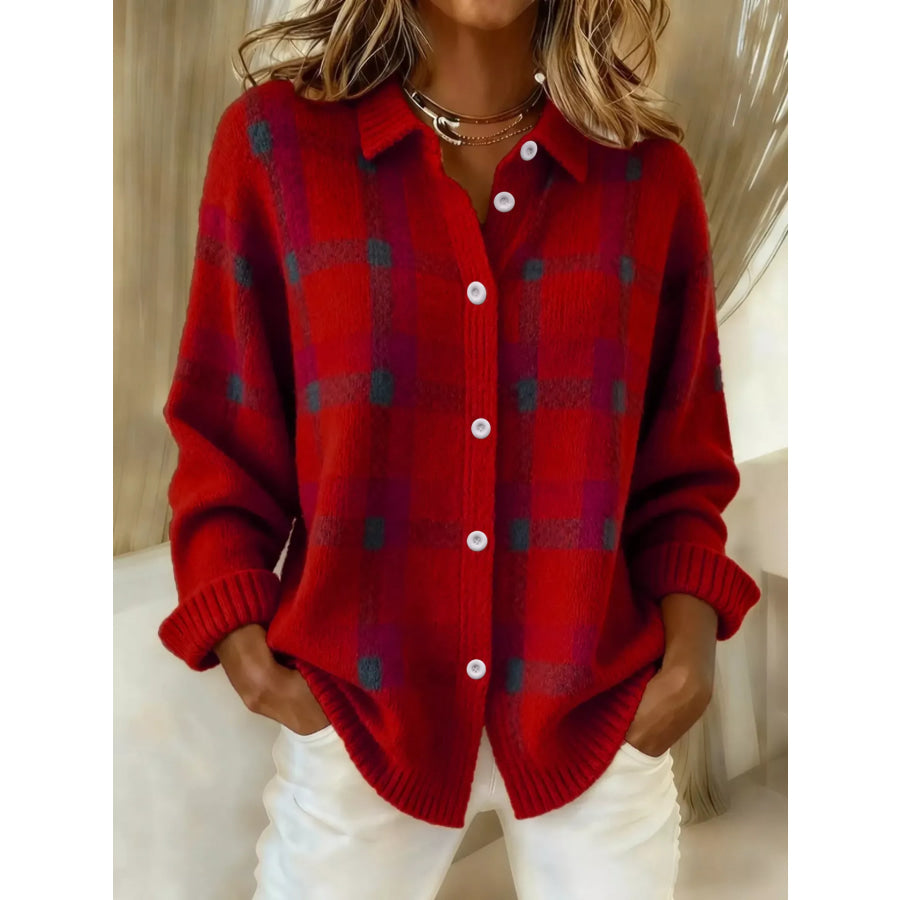 Plaid Button-Up Cardigan Red / S Apparel and Accessories