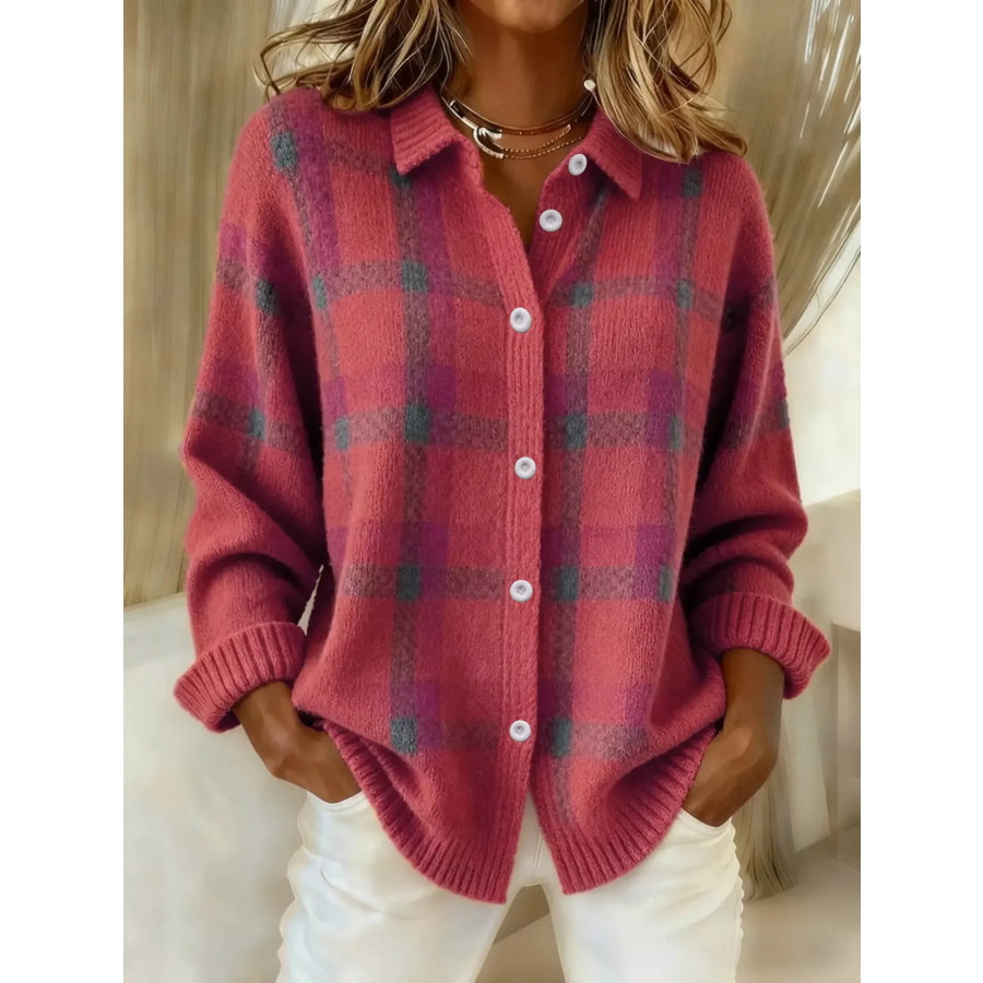 Plaid Button-Up Cardigan Rose Red / S Apparel and Accessories