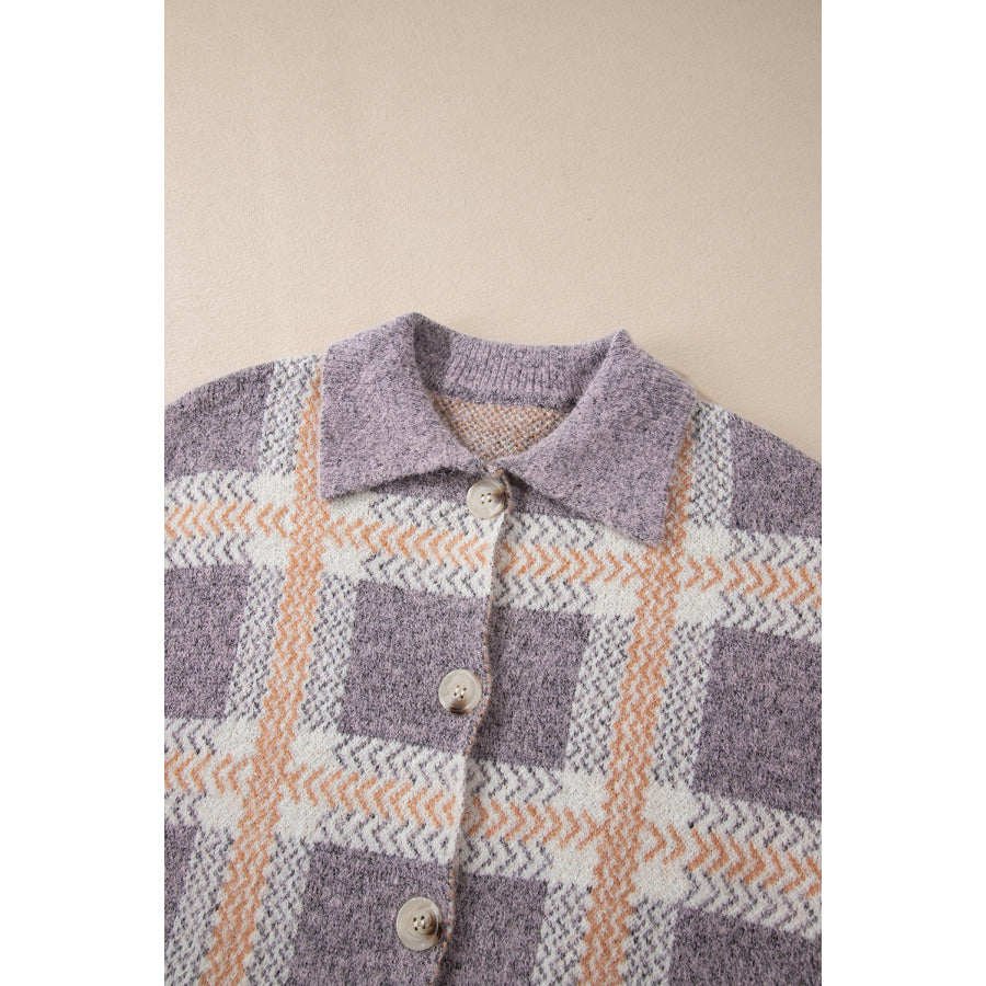 Plaid Button Up Collared Neck Cardigan Apparel and Accessories