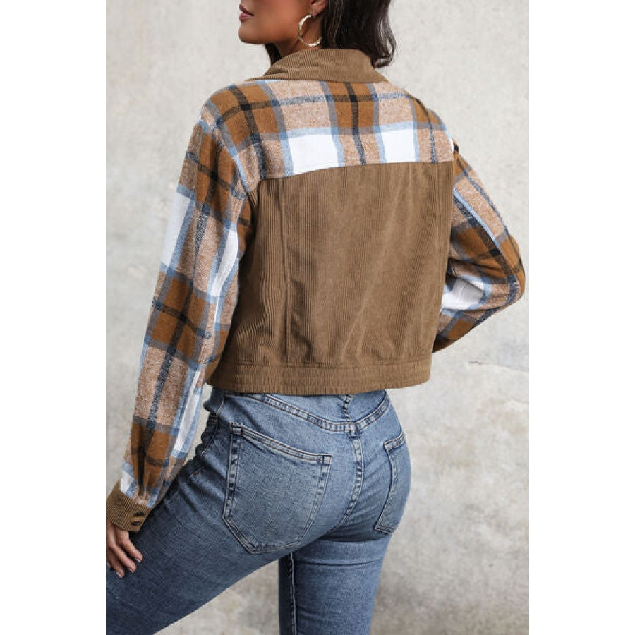 Plaid Button Up Collared Neck Jacket Chestnut / S Clothing