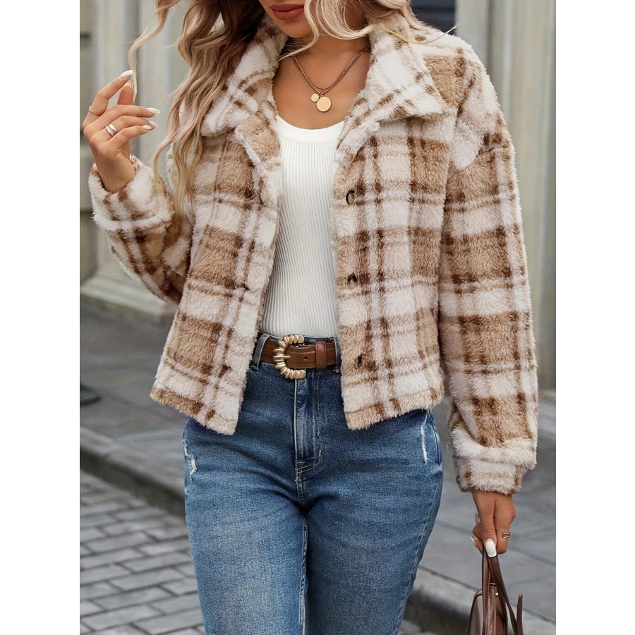 Plaid Button Up Collared Neck Long Sleeve Jacket Apparel and Accessories