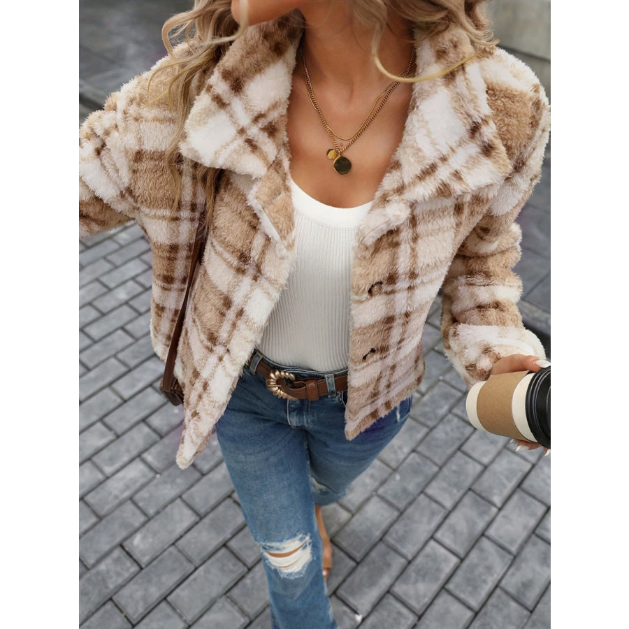 Plaid Button Up Collared Neck Long Sleeve Jacket Apparel and Accessories