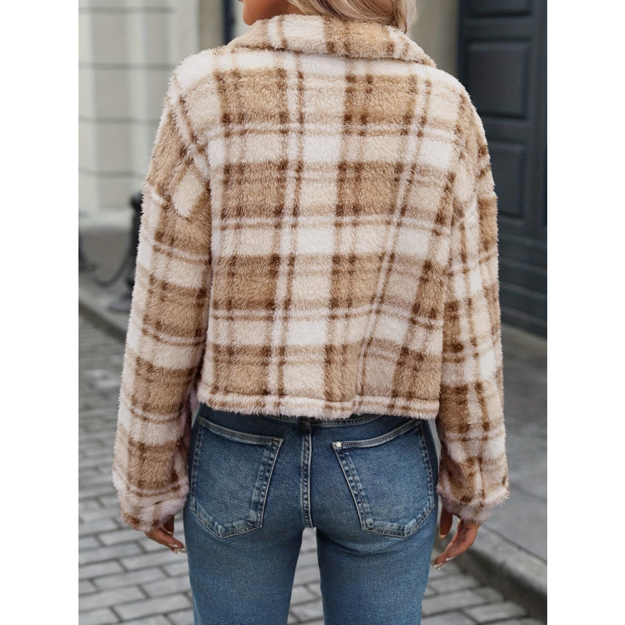 Plaid Button Up Collared Neck Long Sleeve Jacket Apparel and Accessories