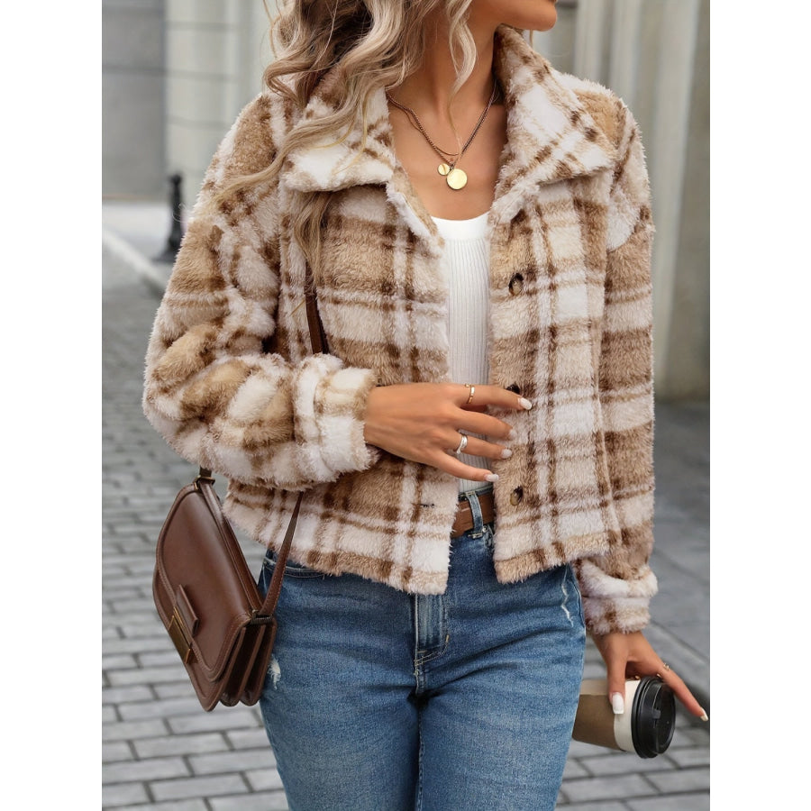 Plaid Button Up Collared Neck Long Sleeve Jacket Camel / S Apparel and Accessories