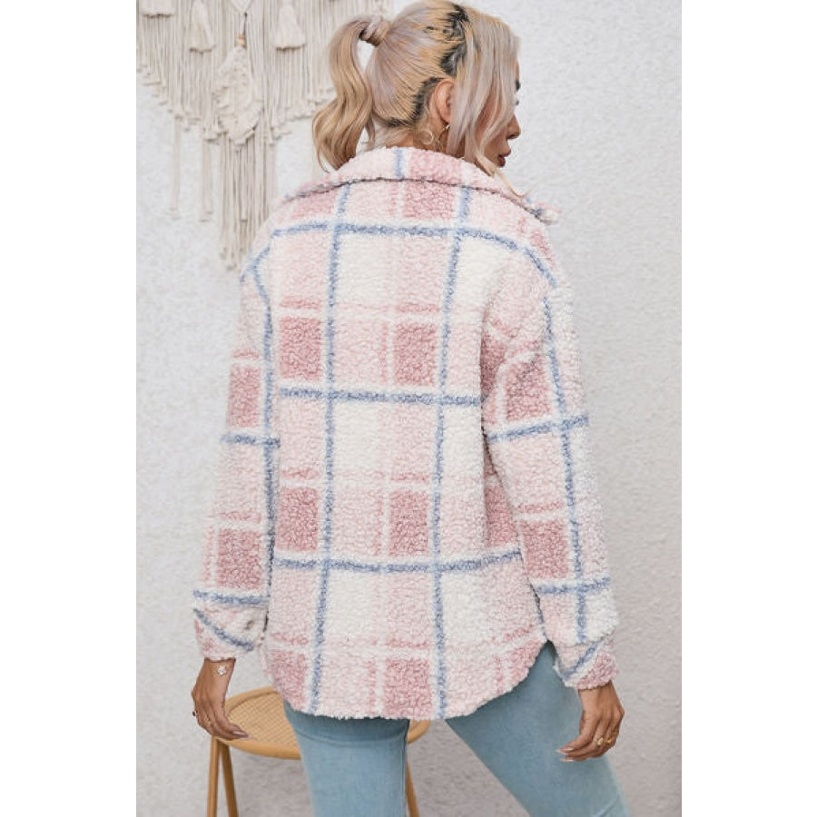 Plaid Button Up Collared Neck Long Sleeve Shacket Clothing