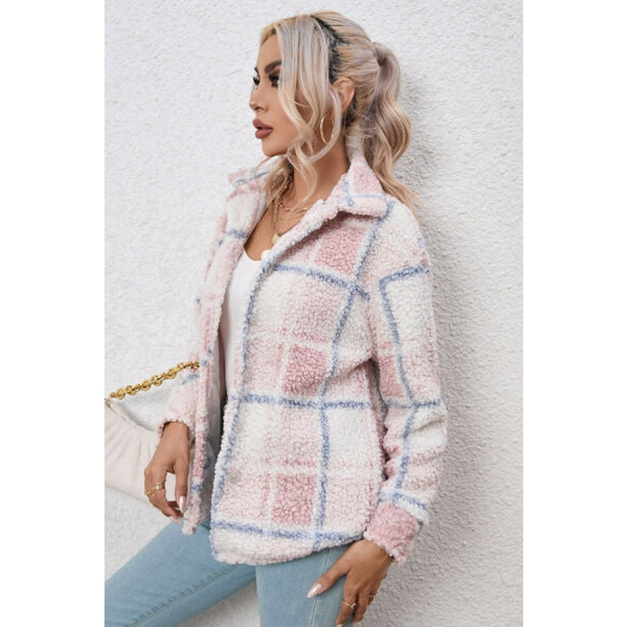 Plaid Button Up Collared Neck Long Sleeve Shacket Clothing