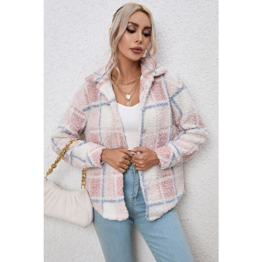 Plaid Button Up Collared Neck Long Sleeve Shacket Clothing