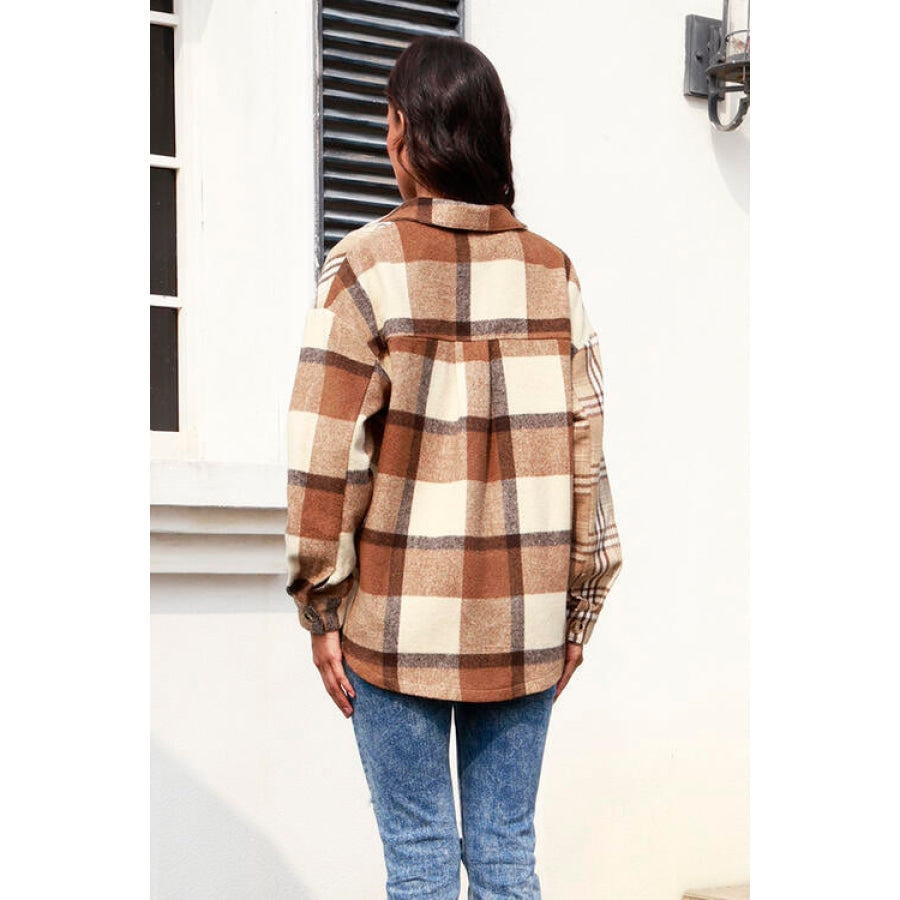 Plaid Button Up Collared Neck Long Sleeve Shacket Clothing